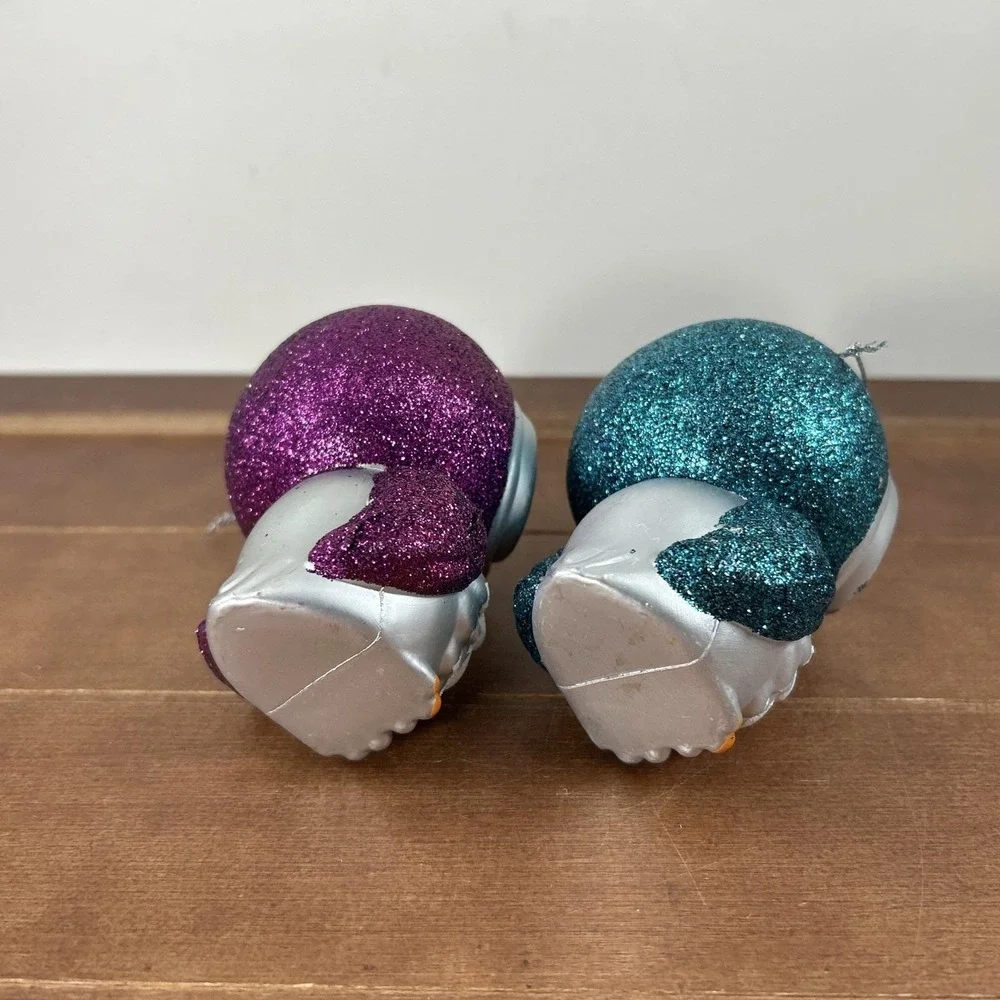 Set of 2, Christmas Owl Birds Pink Blue Glitter Plastic Body 4